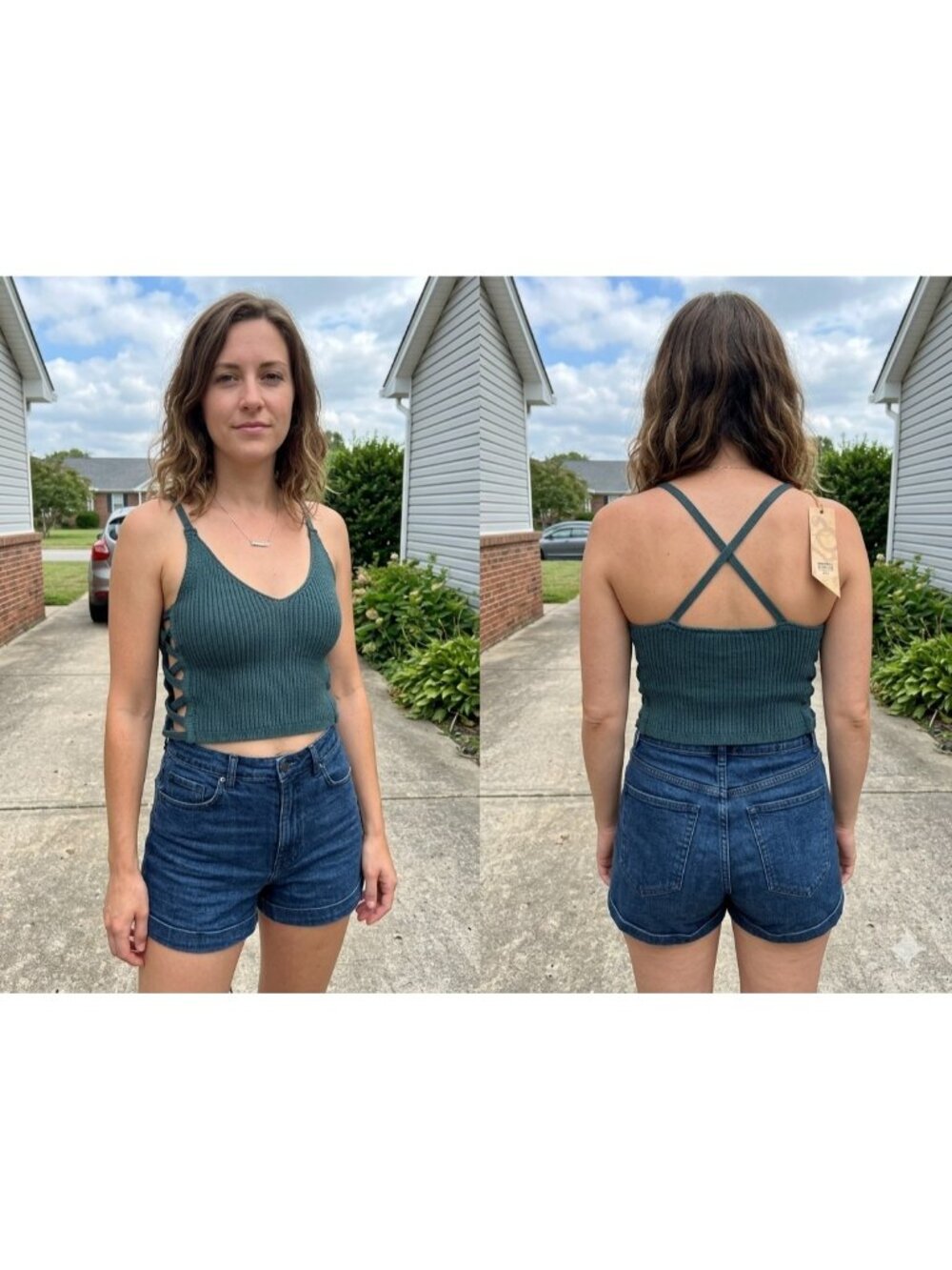 Gimmicks by Buckle Ribbed Cami Tank Top Teal Blue Macrame Side Lattice Cutout L